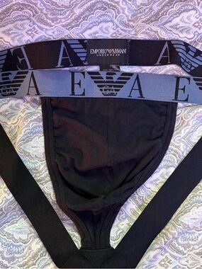 Emporio Armani Black Jockstrap with Gray Logo Waistband